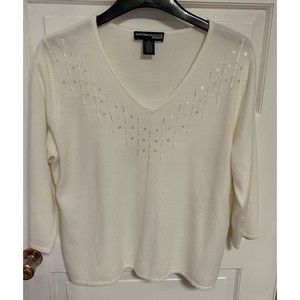 Norton McNaughton Women's Sweater 1X Cream Soft Basic Casual Embellished Front